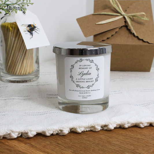 Personalised In Loving Memory candle with a little light shining bright message – Hideaway Home Fragrances