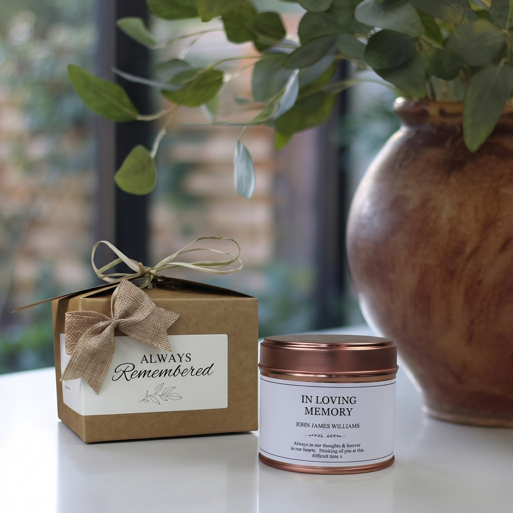 Custom sympathy remembrance gift box featuring a personalised memorial tribute candle and matching home fragrance diffuser by Hideaway Home Fragrances.