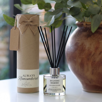In loving memory personalised candle and luxury reed diffuser keepsake gift set, beautifully packaged and ready to gift by Hideaway Home Fragrances.