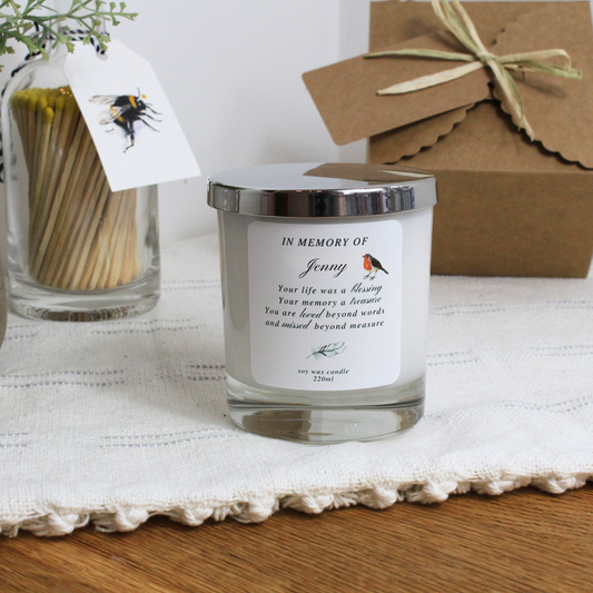 Personalised In Loving Memory candle with poem and name tribute – Hideaway Home Fragrances