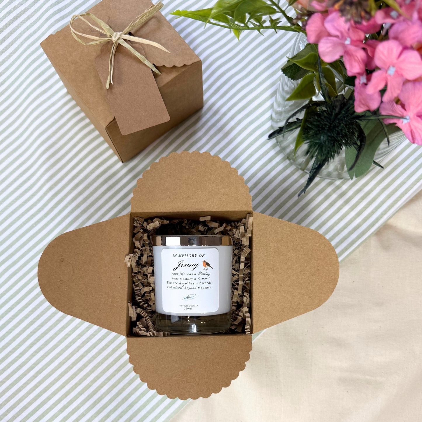 Thoughtful personalised keepsake candle with heartfelt memorial message – Hideaway Home Fragrances