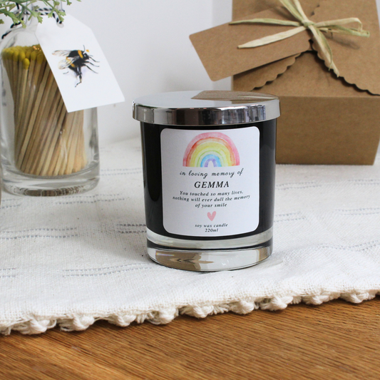 Personalised In Loving Memory rainbow remembrance candle with name and message – Hideaway Home Fragrances