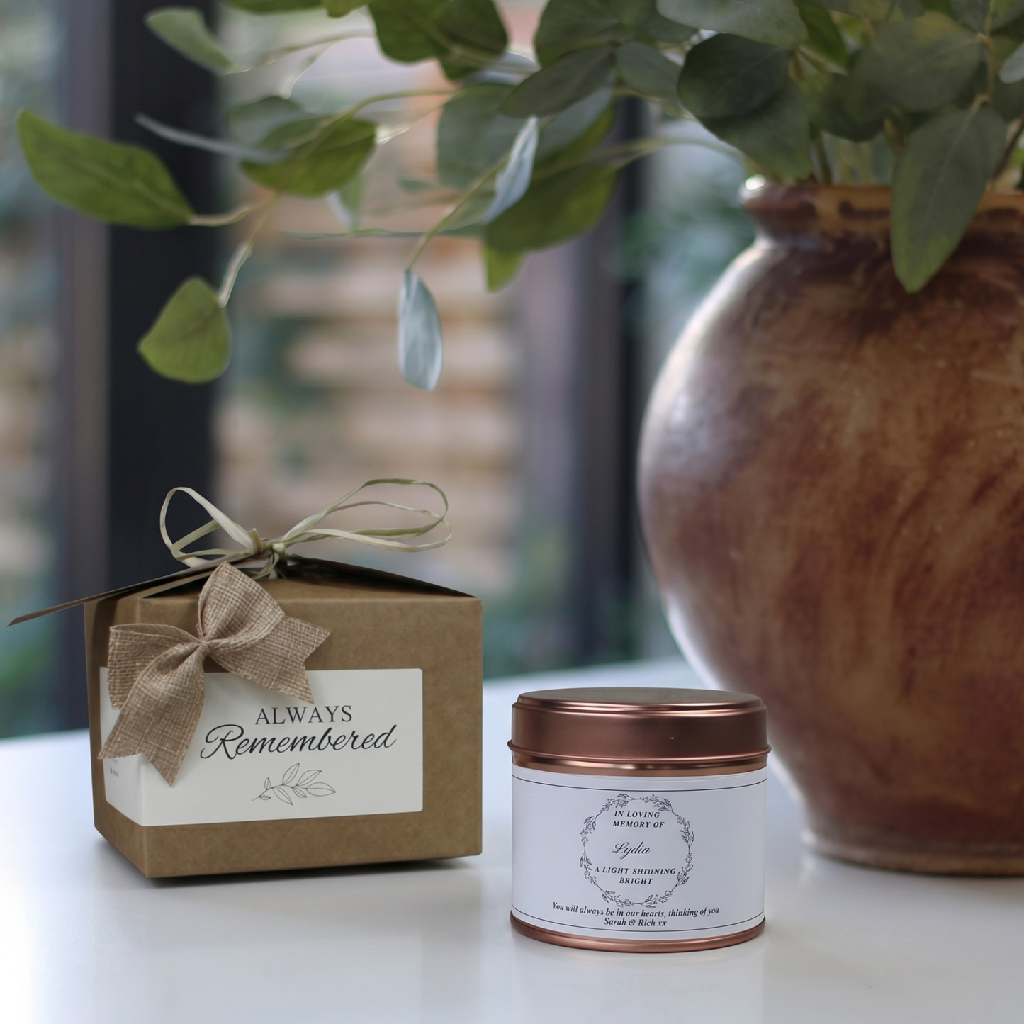 Custom sympathy remembrance gift box featuring a personalized botanical illustration memorial candle and matching home fragrance diffuser by Hideaway Home Fragrances.