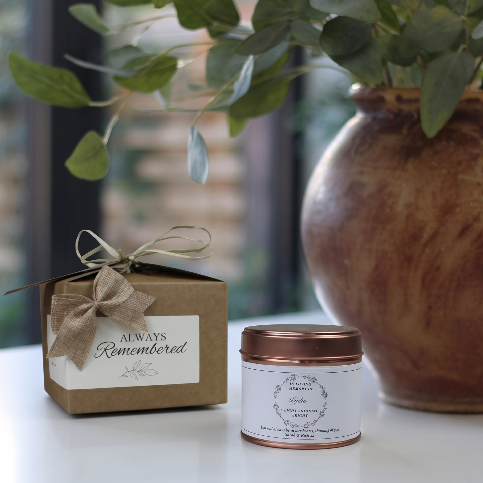 Custom sympathy remembrance gift box featuring a personalized botanical illustration memorial candle and matching home fragrance diffuser by Hideaway Home Fragrances.