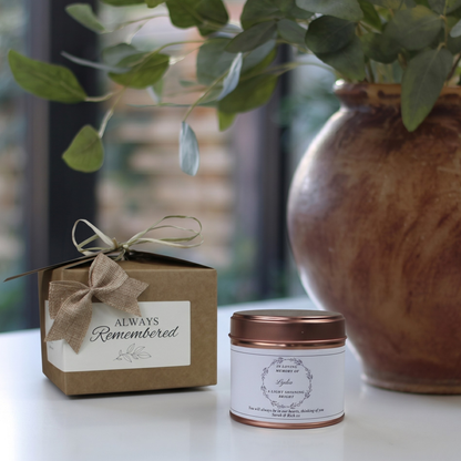 Custom sympathy remembrance gift box featuring a personalized botanical illustration memorial candle and matching home fragrance diffuser by Hideaway Home Fragrances.