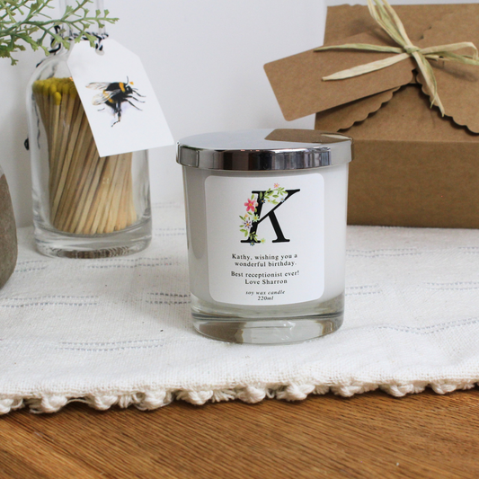 Personalised birthday candle with floral initial design – Hideaway Home Fragrances for Initial Flower – Happy Birthday Personalised Candle