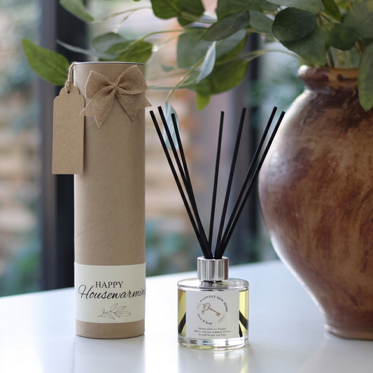 Personalised "Key to a New Home" candle and luxury reed diffuser keepsake gift set, beautifully packaged and ready to gift by Hideaway Home Fragrances.