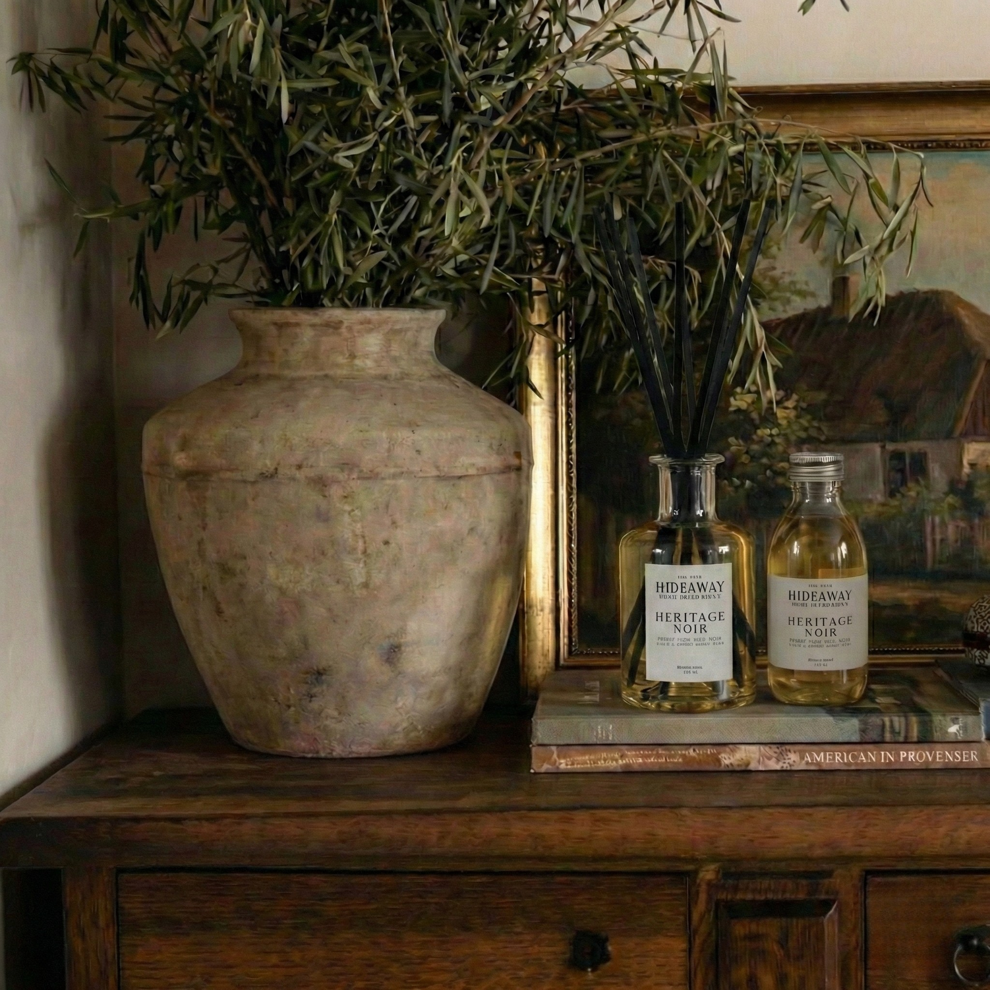 Luxury masculine reed diffuser and refill with tobacco oak and citrus, heritage noir home scent