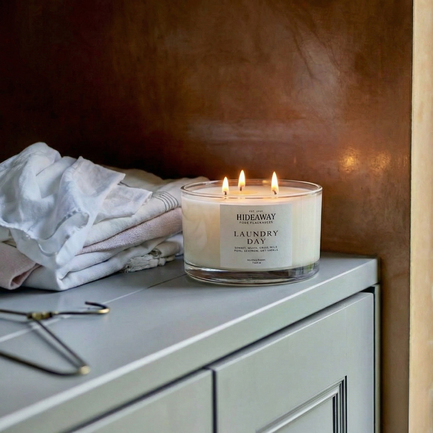 Laundry Day 3-wick candle filling a bright living room with fresh linen fragrance for a clean, airy home atmosphere