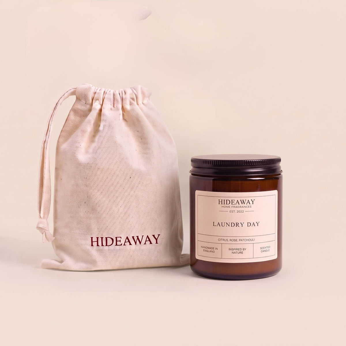 Clean crisp laundry day aromatic candle in an amber glass jar creating a fresh scent atmosphere from Hideaway Home Fragrances