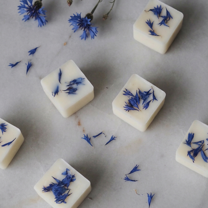 Close-up of handmade Laundry Day soy wax melts decorated with delicate dried botanicals - Hideaway Home Fragrances