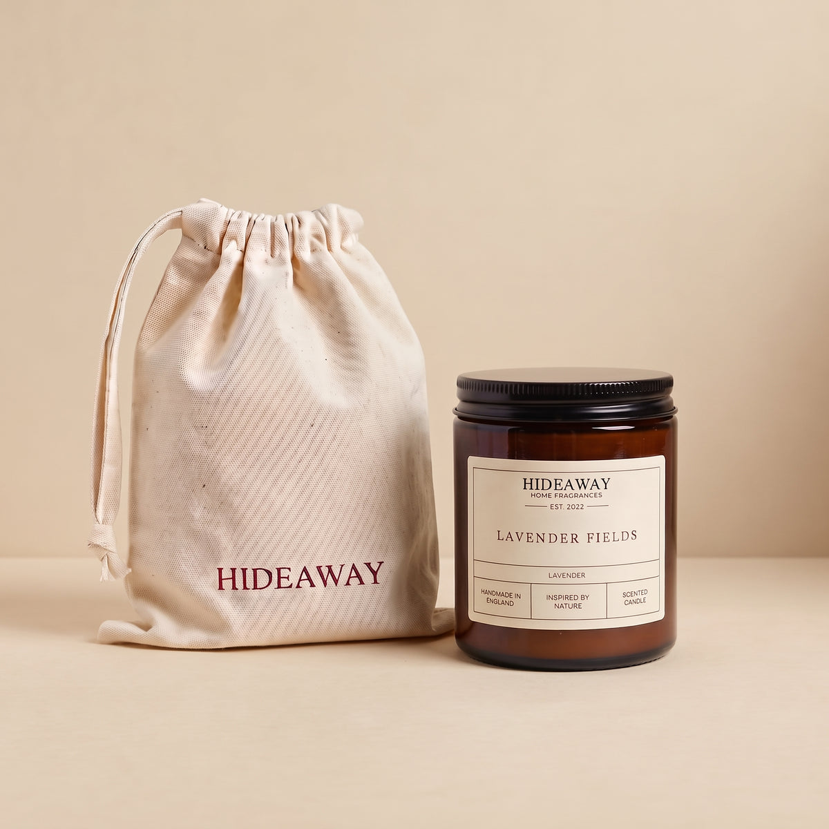 Relaxing lavender fields aromatic candle in an amber glass jar creating a tranquil sleep atmosphere from Hideaway Home Fragrances