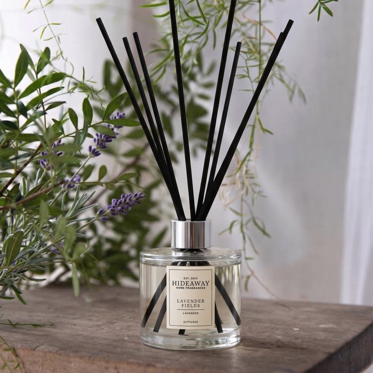 Pure lavender fields reed diffuser by Hideaway Home Fragrances featuring relaxing floral lavender notes