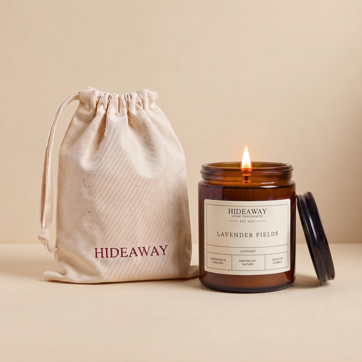 Lavender fields amber glass candle with calming floral scent by Hideaway Home Fragrances