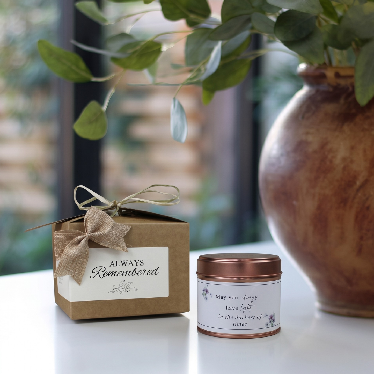 Custom sympathy care package gift box featuring a personalized comfort and hope candle and matching home fragrance diffuser by Hideaway Home Fragrances.