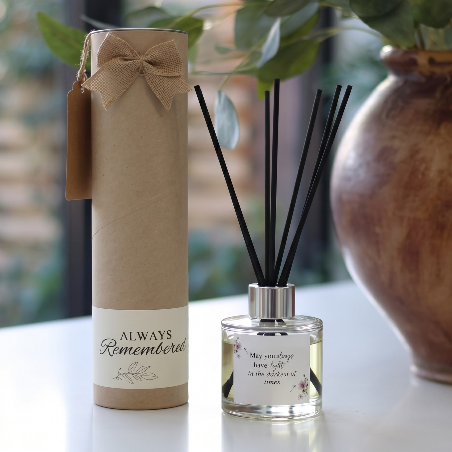 Personalised "Light In Dark Times" candle and luxury reed diffuser keepsake gift set, beautifully packaged and ready to gift by Hideaway Home Fragrances.