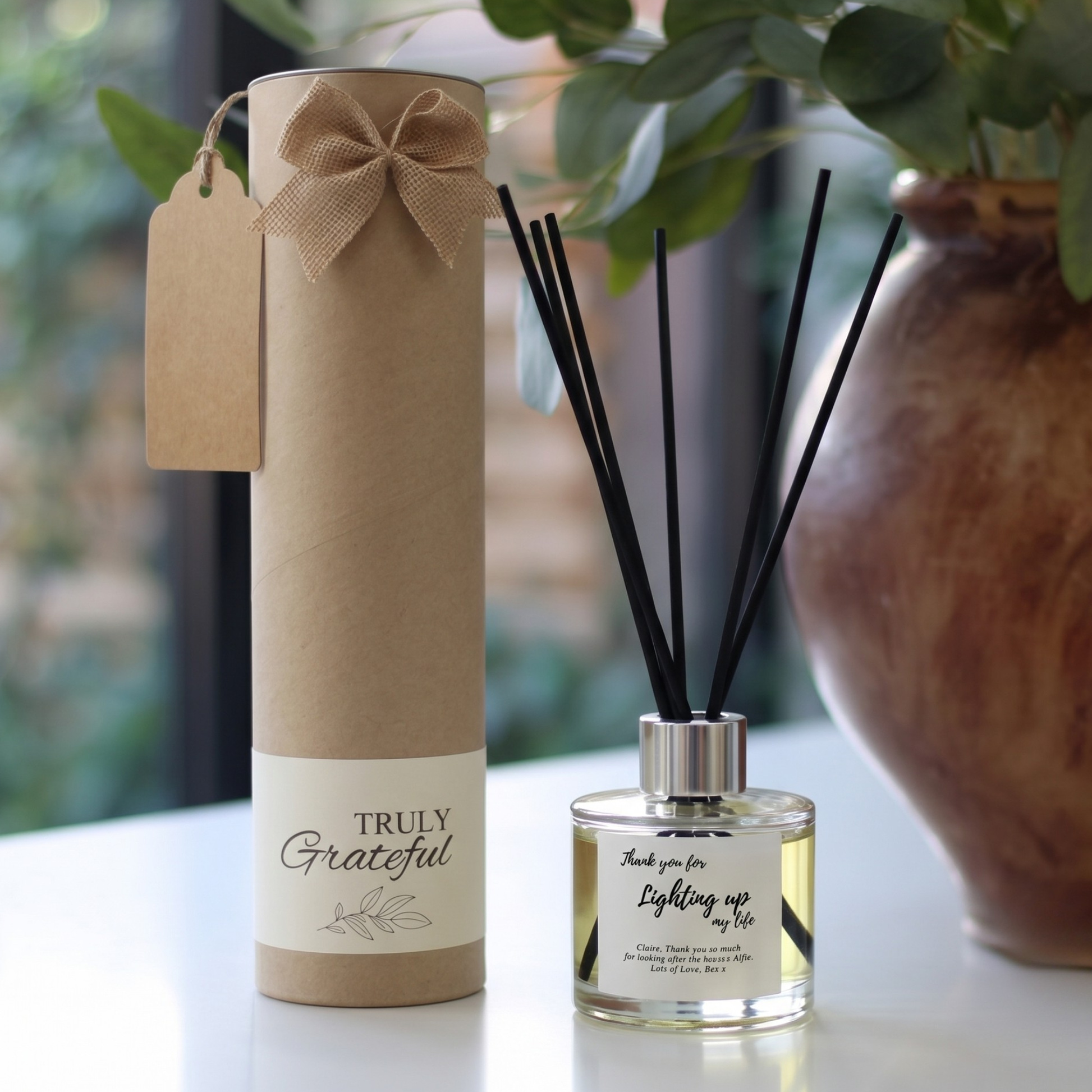 Meaningful thank you gift set featuring a personalised "Lighting Up My Life" scented candle and reed diffuser – Hideaway Home Fragrances