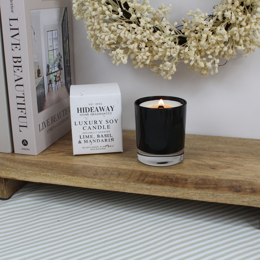 Lime, Basil & Mandarin Candle with zesty lime, sweet mandarin, and peppery basil for fresh sophistication – Hideaway Home Fragrances