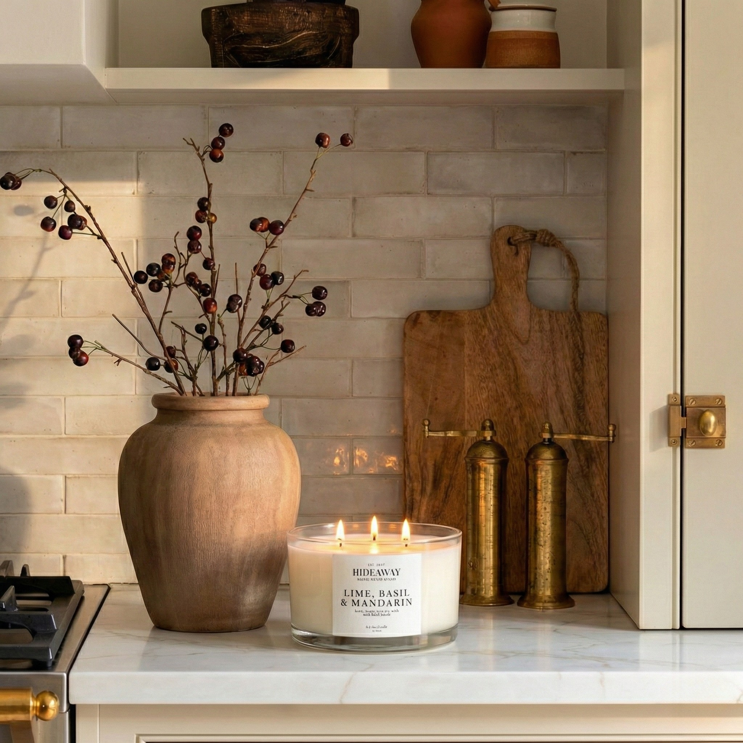 Lime, Basil & Mandarin 3-wick luxury candle with fresh citrus and herbal fragrance creating an uplifting home atmosphere