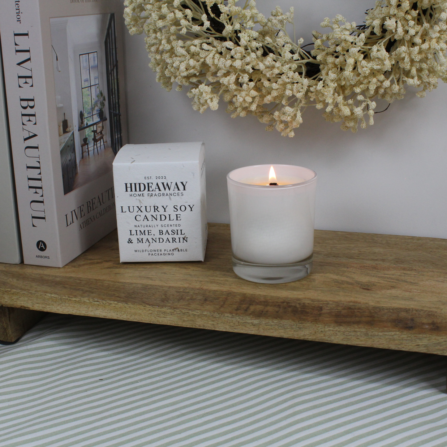 Luxury Lime, Basil & Mandarin Candle blending citrus, herbal basil, and white thyme for uplifting calm – Hideaway Home Fragrances