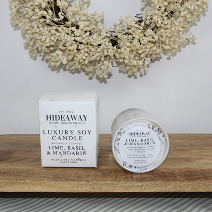 Fresh and elegant Lime, Basil & Mandarin Candle capturing sunlight, citrus zest, and subtle spice – Hideaway Home Fragrances