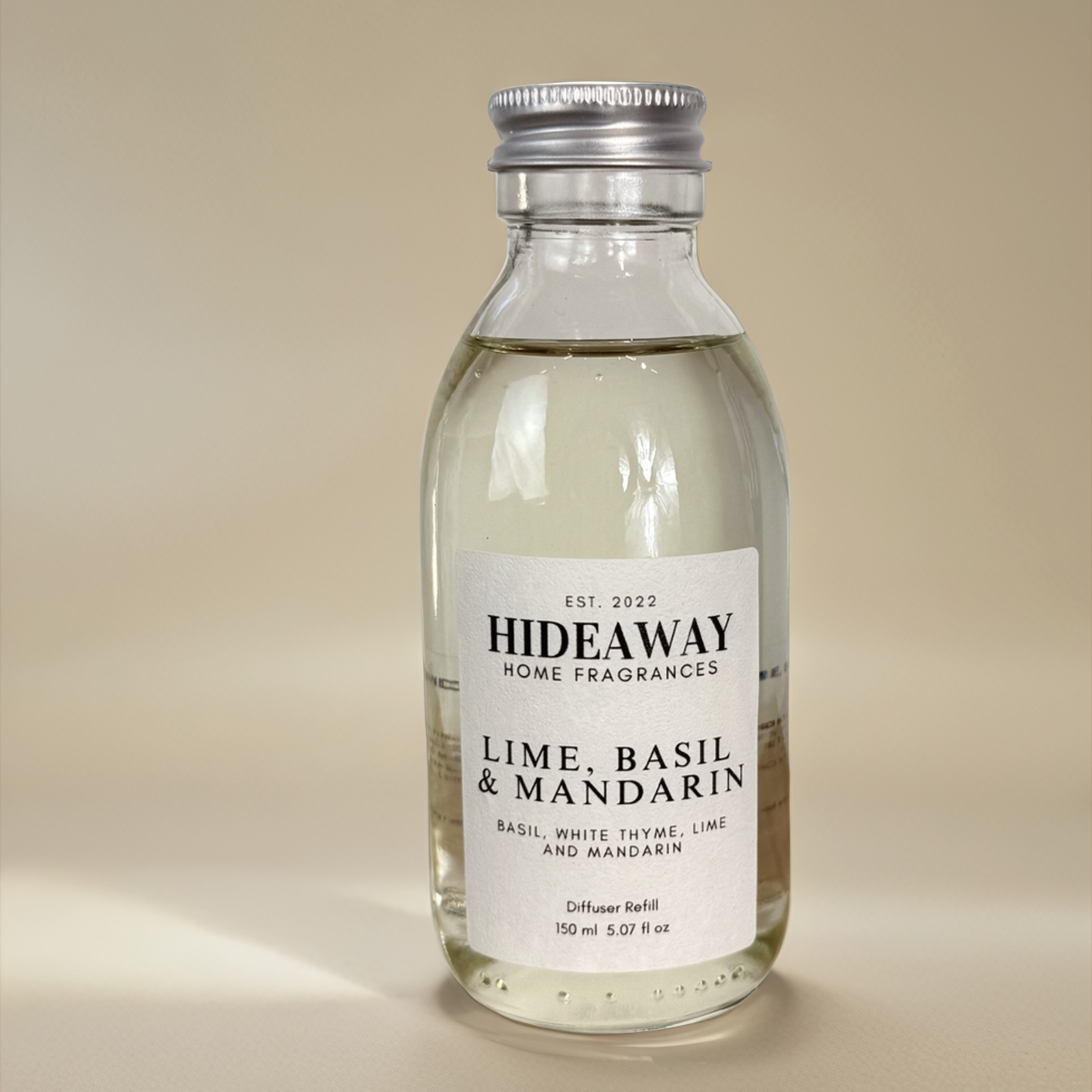 Lime, Basil & Mandarin Reed Diffuser Refill with zesty lime, mandarin, and peppery basil – fresh, uplifting, and invigorating scent – Hideaway Home Fragrances