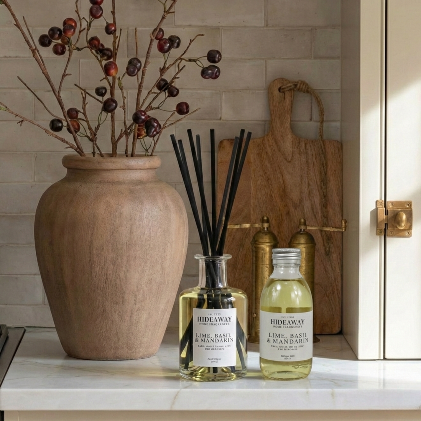 Luxury 200ml reed diffuser and refill with lime, mandarin and basil, uplifting kitchen and office scent