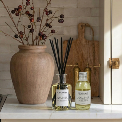 Luxury 200ml reed diffuser and refill with lime, mandarin and basil, uplifting kitchen and office scent