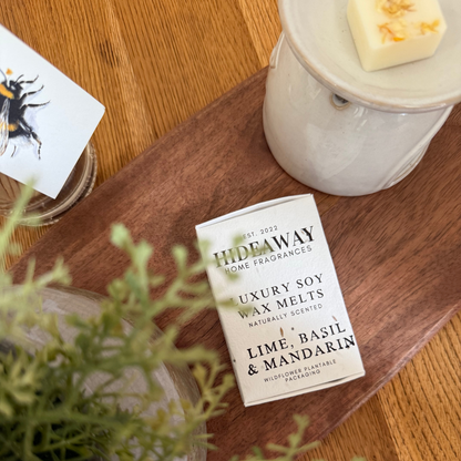 Six beautifully scented Lime, Basil & Mandarin soy wax melts blending citrus zest, peppery basil, and warm undertones – Hideaway Home Fragrances