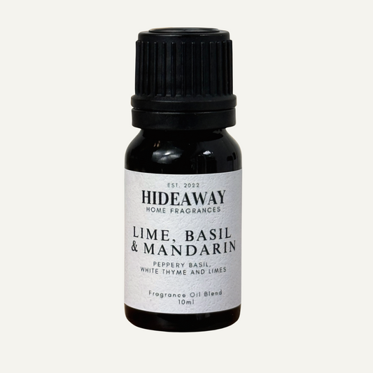 Lime, Basil & Mandarin Fragrance Oil with fresh citrus, peppery basil, and white thyme – uplifting and invigorating scent – Hideaway Home Fragrances