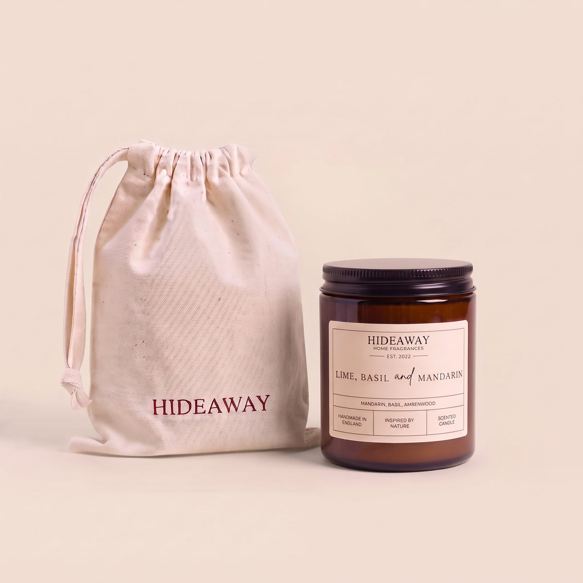Refreshing lime, basil and mandarin aromatic candle in an amber glass jar offering an uplifting citrus aroma from Hideaway Home Fragrances