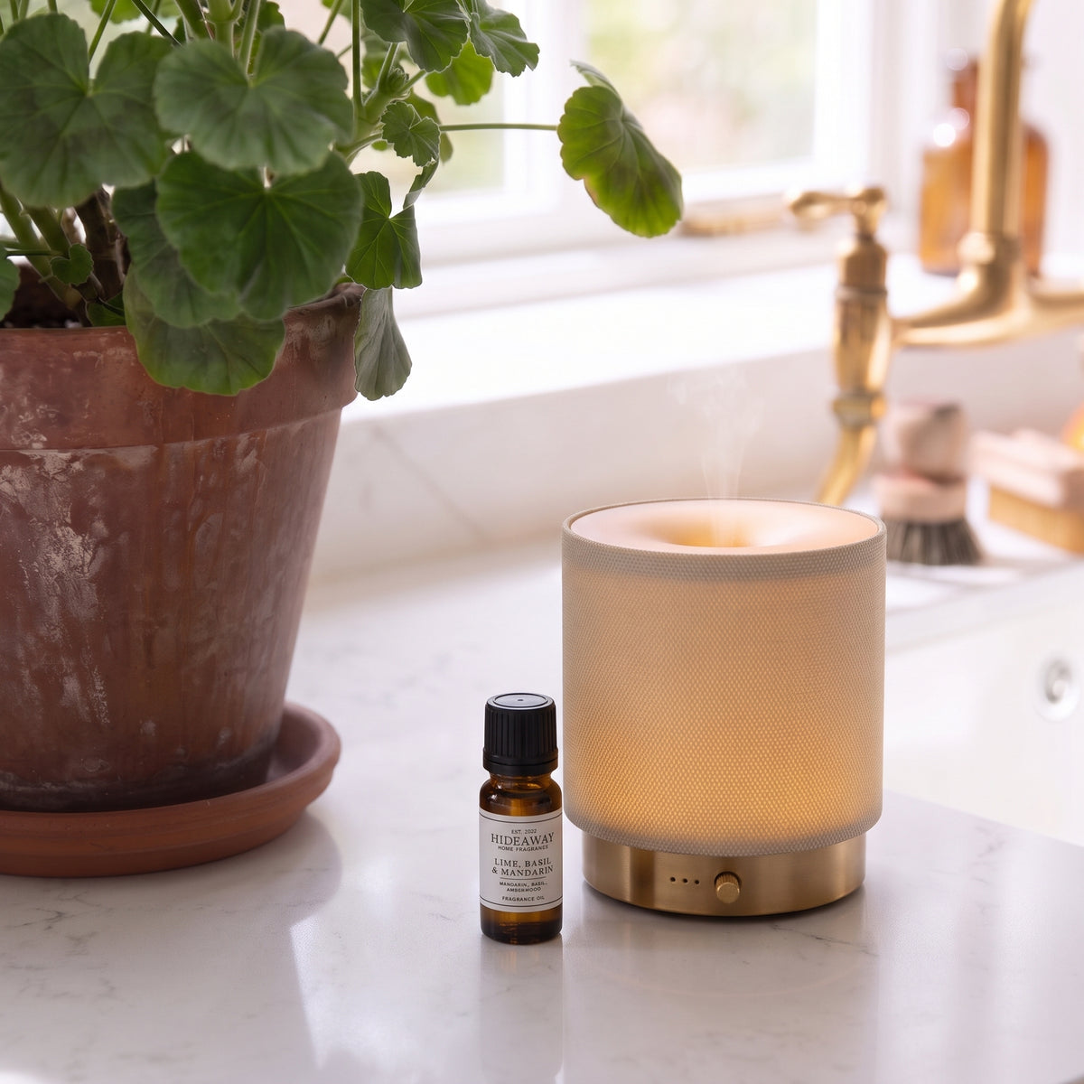 Fragrance notes breakdown for Hideaway Home Fragrances lime basil and mandarin fragrance oil featuring zesty mandarin, herbal basil, fresh lemongrass, and amberwood.