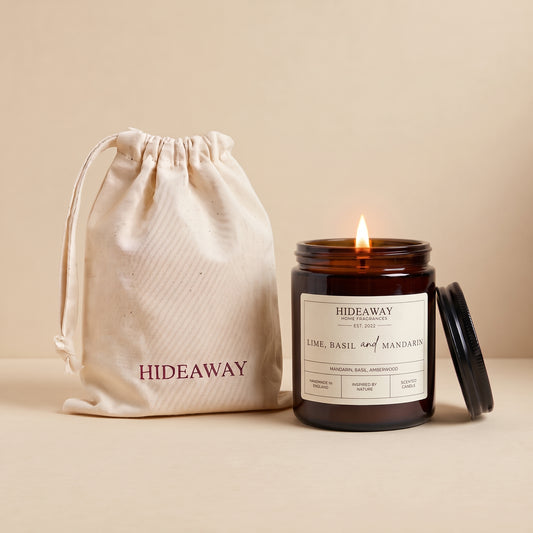 Lime, basil and mandarin amber glass candle with zesty citrus scent by Hideaway Home Fragrances