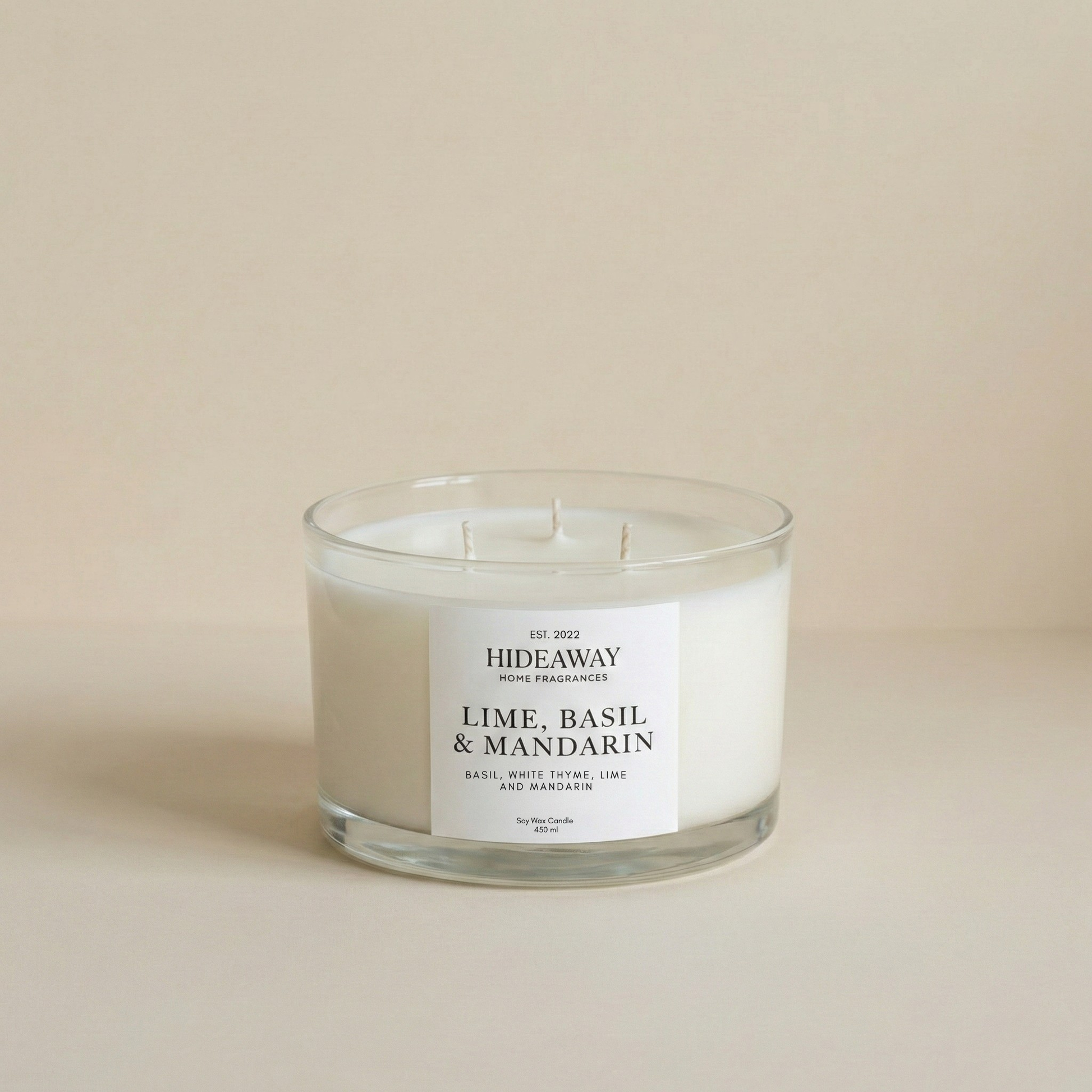 Lime, Basil & Mandarin 3-wick luxury candle with citrus and herbal fragrance creating a fresh, uplifting home atmosphere