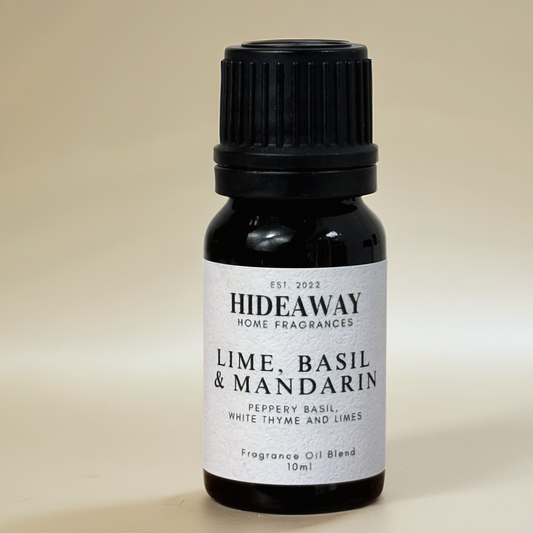 Lime, Basil & Mandarin Fragrance Oil with fresh citrus, peppery basil, and white thyme – uplifting and invigorating scent – Hideaway Home Fragrances