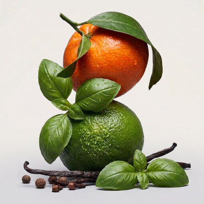 Fragrance note graphic for Lime Basil & Mandarin featuring mandarin, basil, and vetiver - Hideaway Home Fragrances