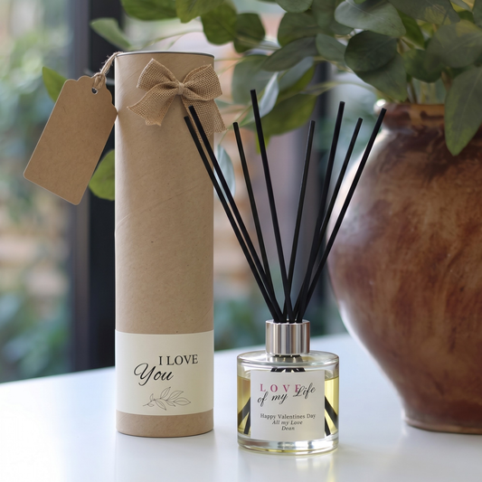 Personalised "Love of My Life" romantic gift set featuring a luxury scented candle and reed diffuser – Hideaway Home Fragrances