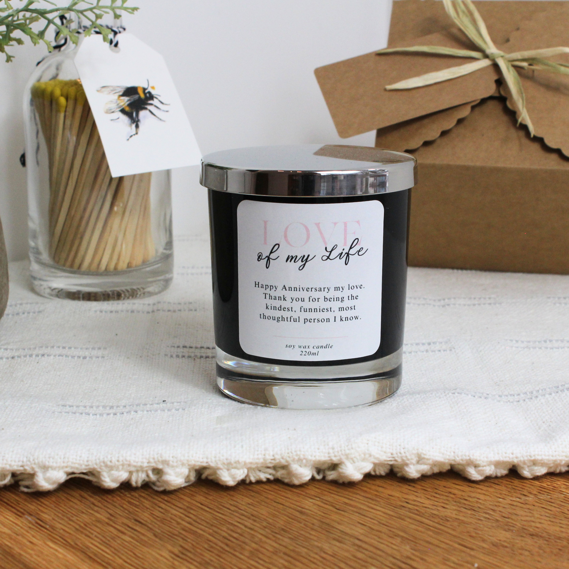 Luxury hand-poured anniversary candle keepsake with romantic wording and bespoke message – Hideaway Home Fragrances