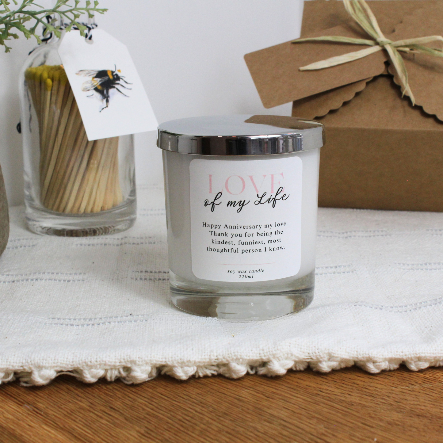 Personalised anniversary candle with ‘Love of my Life’ design and custom message – Hideaway Home Fragrances