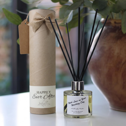 Personalised "Love on your Wedding Day" gift set featuring a luxury scented candle and matching reed diffuser – Hideaway Home Fragrances