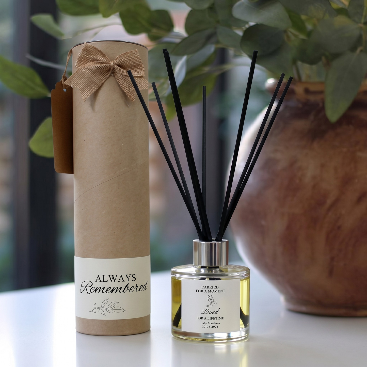 Personalised "Loved For A Lifetime" candle and luxury reed diffuser keepsake gift set, beautifully packaged and ready to gift by Hideaway Home Fragrances.