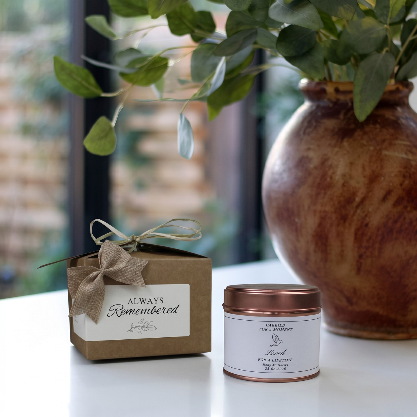 Custom infant loss sympathy remembrance gift box featuring a personalized miscarriage memorial candle and matching home fragrance diffuser by Hideaway Home Fragrances.
