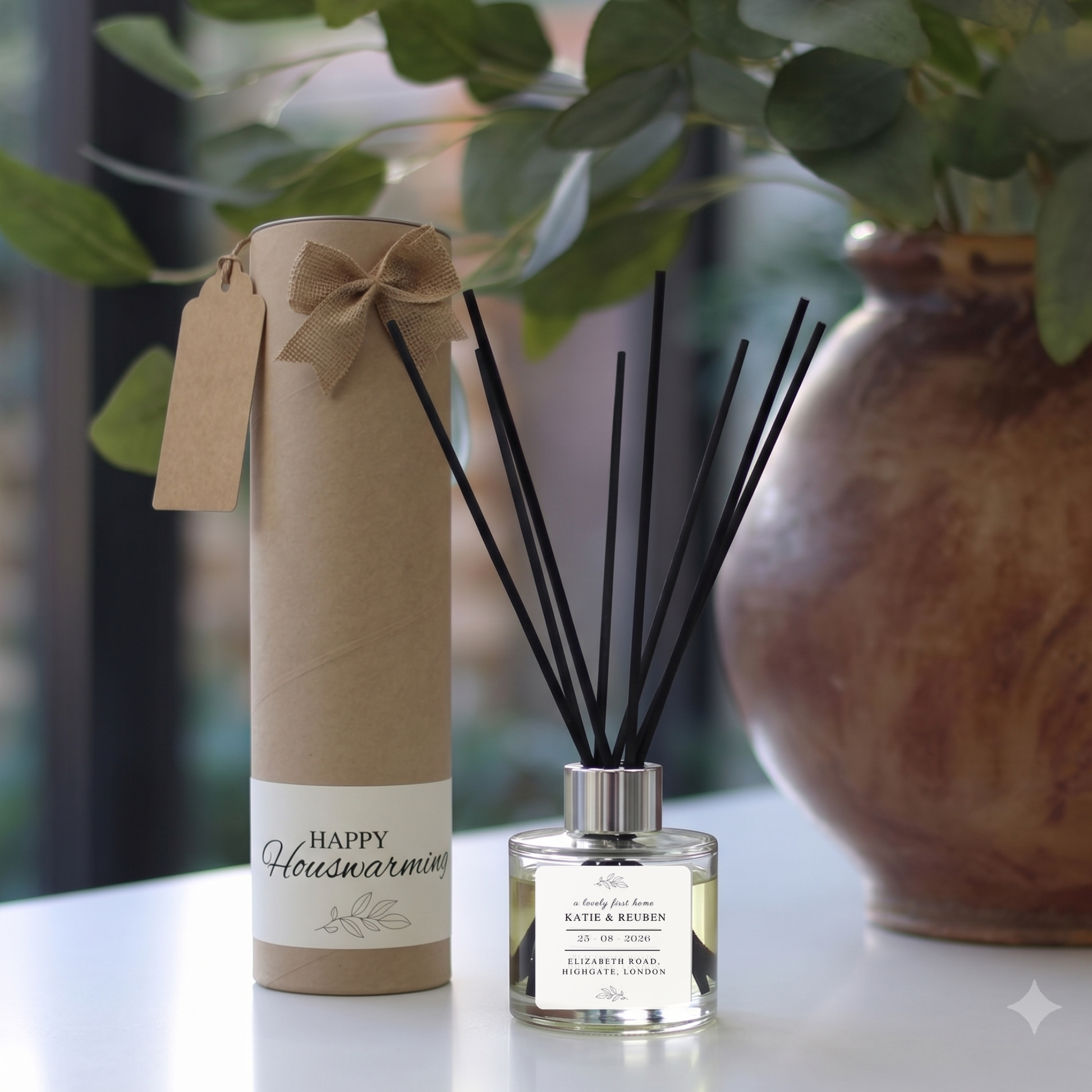 Personalised "Lovely First Home" candle and luxury reed diffuser keepsake gift set, beautifully packaged and ready to gift by Hideaway Home Fragrances.