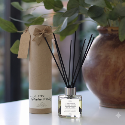 Personalised "Lovely First Home" candle and luxury reed diffuser keepsake gift set, beautifully packaged and ready to gift by Hideaway Home Fragrances.