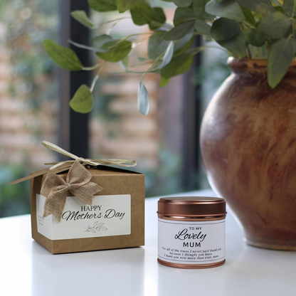 Custom luxury Mother’s Day gift box featuring a personalized mum birthday candle and matching home fragrance diffuser by Hideaway Home Fragrances.
