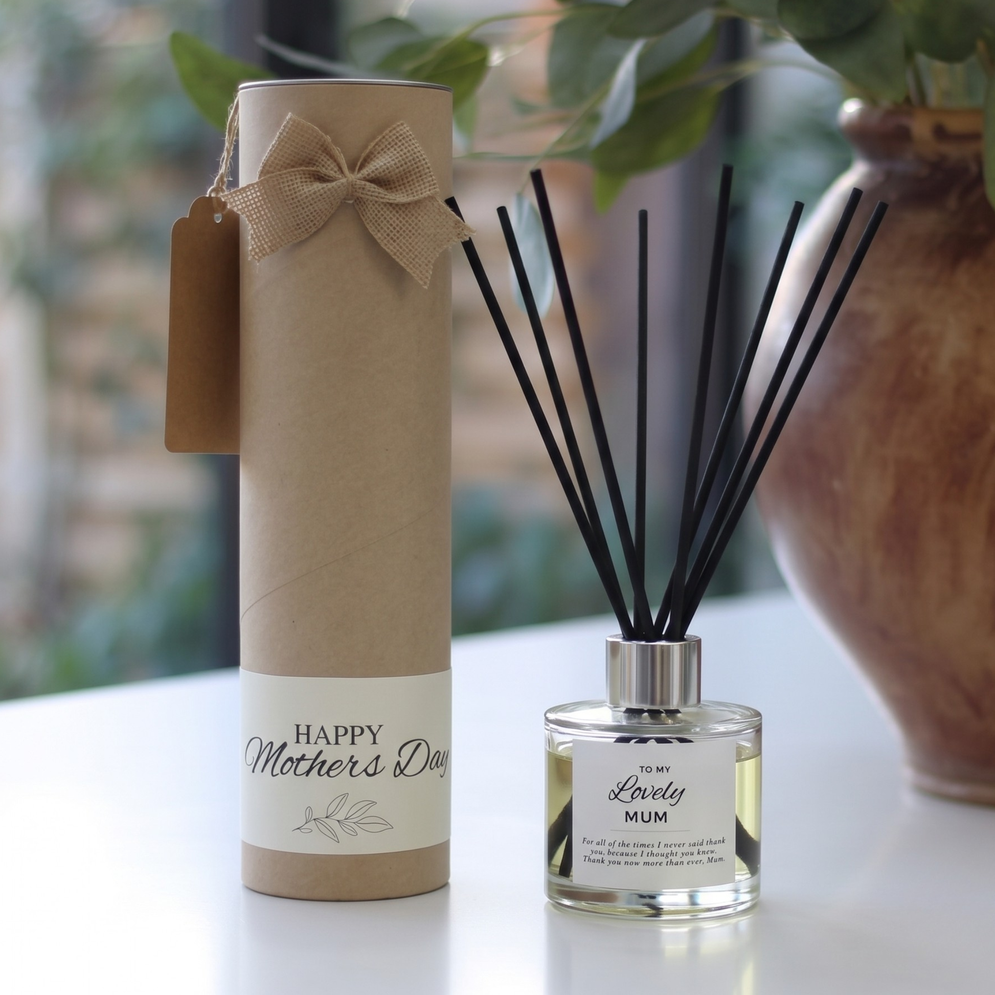 Personalised "Lovely Mum" Mother's Day candle and luxury reed diffuser keepsake gift set, beautifully packaged and ready to gift by Hideaway Home Fragrances.