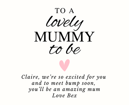 Luxury personalized expectant mother pamper gift set with a sentimental lovely mummy to be tribute candle and reed diffuser, elegantly boxed by Hideaway Home Fragrances.