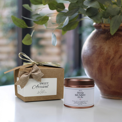 Custom luxury baby shower gift box featuring a personalized pregnancy keepsake candle and matching home fragrance diffuser by Hideaway Home Fragrances.
