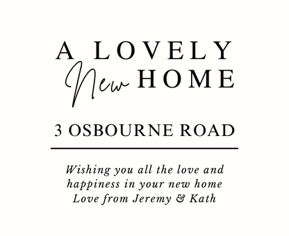 Luxury personalized new homeowner milestone gift set with a custom address print candle and reed diffuser, elegantly boxed by Hideaway Home Fragrances.