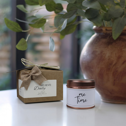 Custom self care package gift box featuring a personalized mindfulness relaxation candle and matching home fragrance diffuser by Hideaway Home Fragrances.
